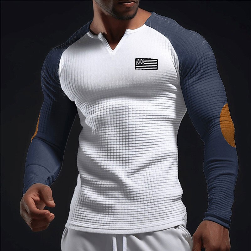 Men's Waffle Tee Waffle Shirt T Shirt Tee Top Long Sleeve V Neck Spring &  Fall Color Block National Flag Fashion Designer Basic Patchwork Vacation Street Going out Black White Navy Blue Top Tee for2