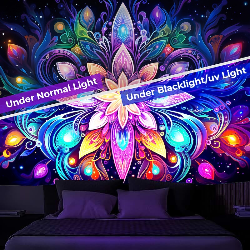 Blacklight Tapestry UV Reactive Glow in the Dark Glow Party Neon Mandala Bohemian Trippy Misty Hanging Tapestry Wall Art Mural for Living Room Bedroom4