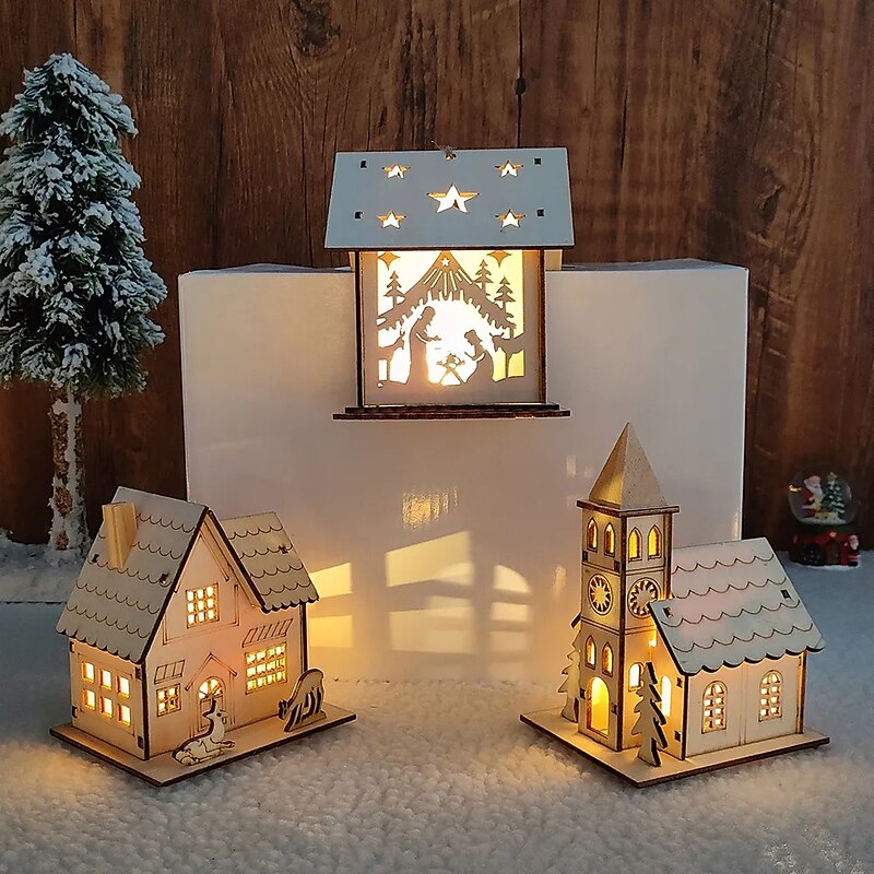 Christmas LED Light Wooden House Luminous Luxury bungalow Christmas Decorations Home Decor Fairy Night Lamp Pendant Kids Gift  1PC2