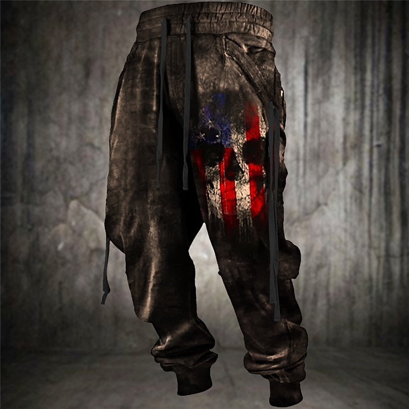 Skull American Flag Punk Gothic Men's 3D Print Sweatpants Joggers Pants Trousers Outdoor Street Casual Daily Polyester Blue Brown Green S M L Mid Waist Elasticity Pants2