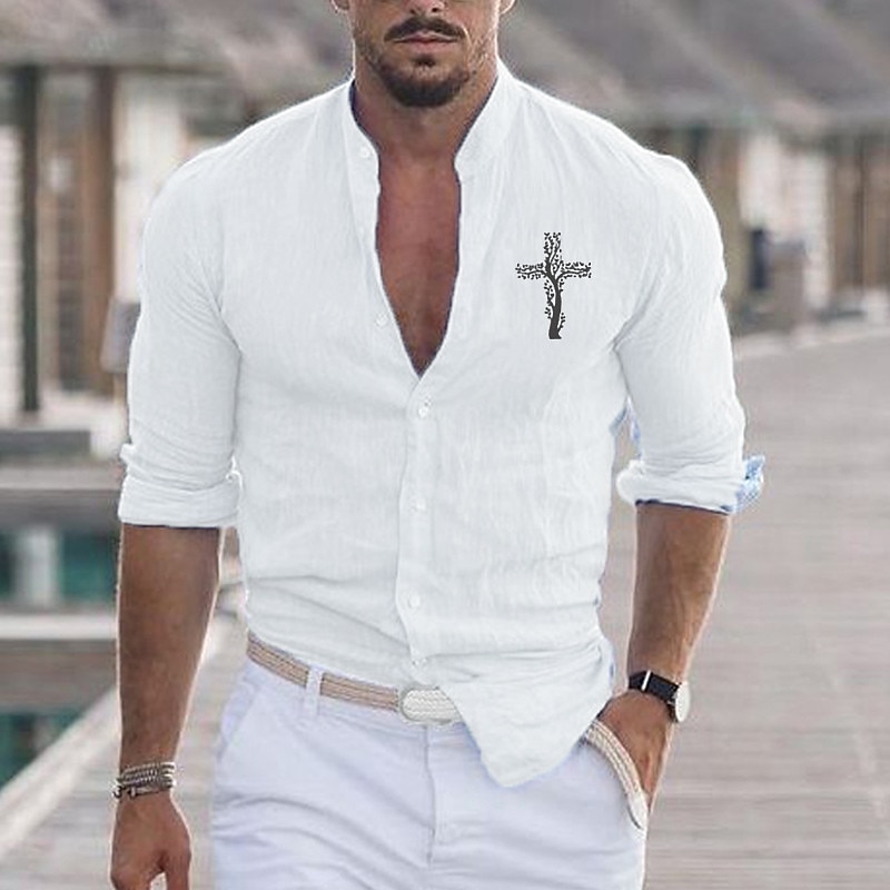 Men's Shirt Beach Shirt Cross Outdoor Vacation Black White Pink Red Long Sleeve Stand Collar Spring &  Fall Clothing Apparel Print3