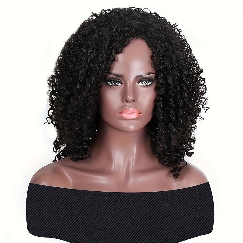 Black 14 Inch Afro Curly Kinky Hair Wigs With Side Bangs For Women Synthetic Fiber Kinky Curly Wigs Natural Looking Hair Wigs2
