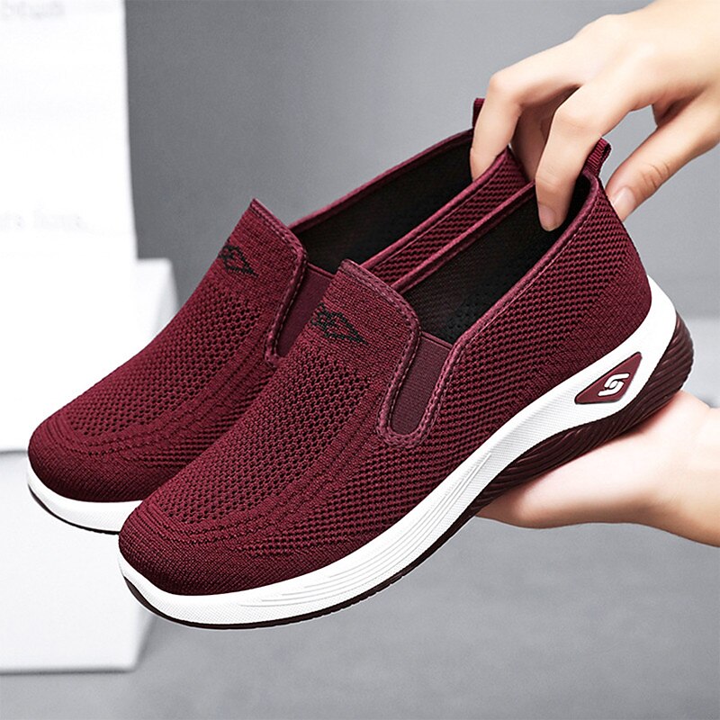 Women's Sneakers Comfort Shoes Outdoor Solid Color Summer Flat Heel Round Toe Fashion Sporty Casual Walking Tissage Volant Elastic Band Wine Black Dark Purple4