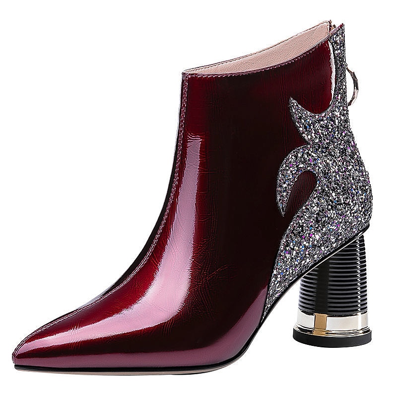 Women's Burgundy Patent Leather Ankle Boots with Glitter Flame Design and Block Heel - Statement High-Heel Boots for Parties and Special Occasions
