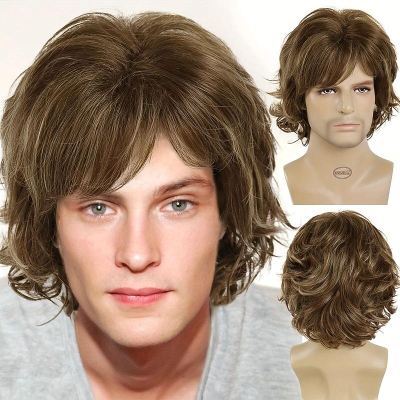 1pc Men's Natural Wig, Short Brown Synthetic Hair Mix Brown Wig With Bangs, Pixie Cut Hairstyle Layered Wig Party