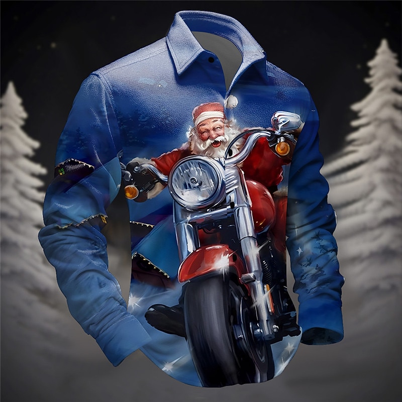 Christmas Men's Santa Claus Printed Shirts Santa Claus Tree Casual Fleece Daily Wear Vacation Going out Fall & Winter Turndown Long Sleeve Navy Blue, Dark Blue S, M, L Fleece Christmas3
