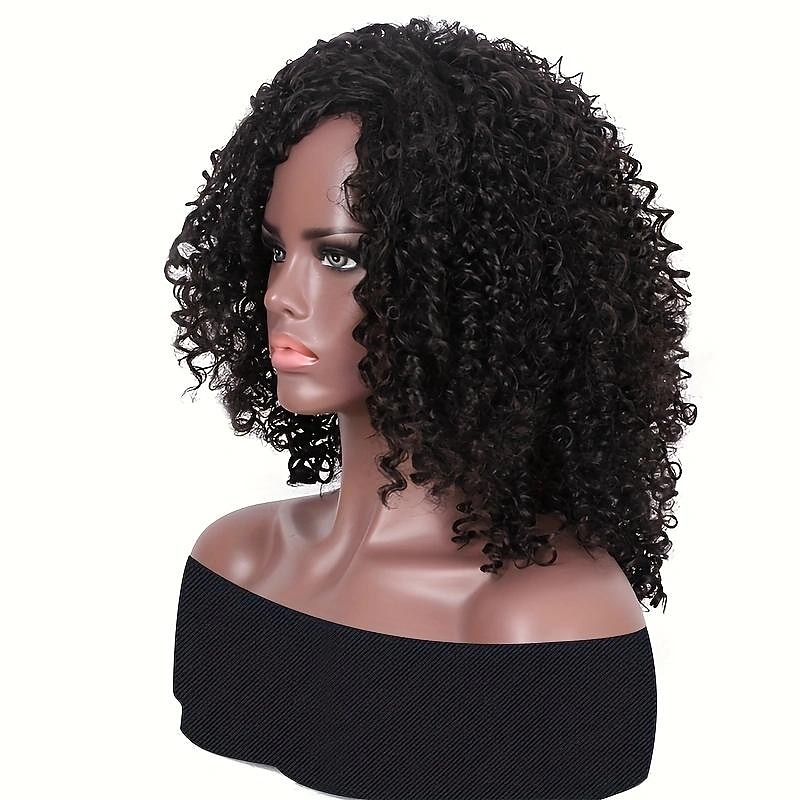 Black 14 Inch Afro Curly Kinky Hair Wigs With Side Bangs For Women Synthetic Fiber Kinky Curly Wigs Natural Looking Hair Wigs3