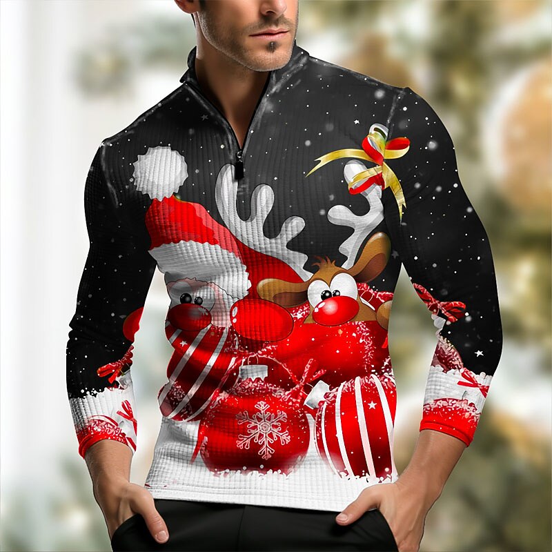 Christmas Men's Christmas animal 3D Zipper Polo Santa Claus Elk Casual Print 3D Waffle Zip Outdoor Casual Daily Streetwear Waffle Fabric Long Sleeve Zip Shirts Black Wine Fall & Winter S M L4