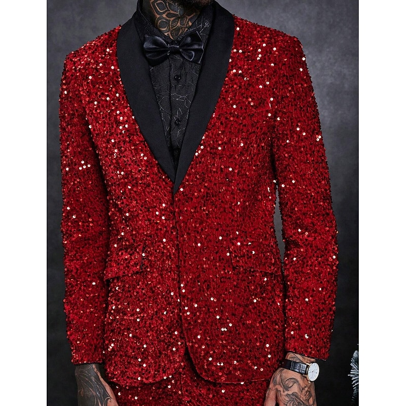 Men's Blazer Jacket Tuxedo Notch Collar Fashion Disco Sequin Pattern Red Plus Size Single Breasted One-button2