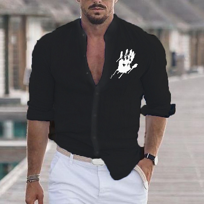 Men's Shirt Hand Outdoor Vacation Black White Red Blue Long Sleeve Stand Collar Spring &  Fall Clothing Apparel Print