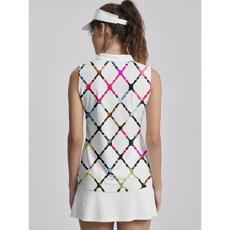 Women's Golf Polo Shirt White Sleeveless Sun Protection Top Plaid Ladies Golf Attire Clothes Outfits Wear Apparel2