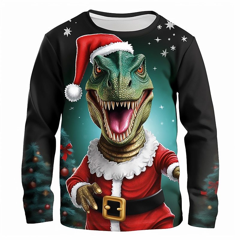 Christmas Boys 3D Dinosaur Tee Shirt Long Sleeve 3D Print Fall Winter Sports Fashion Streetwear Polyester Kids 3-12 Years Crew Neck Outdoor Casual Daily Regular Fit2