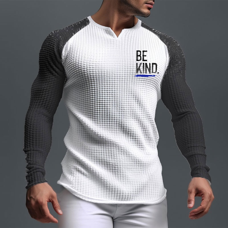 Men's Long Sleeve Henley T-Shirt with "BE KIND." Graphic, Waffle Knit Raglan Design for Positive Lifestyle3