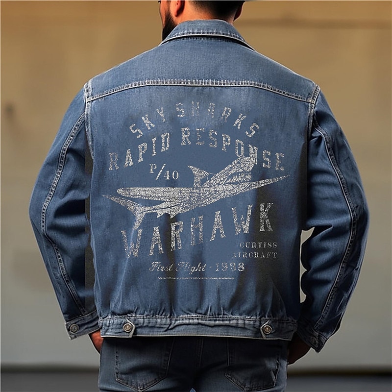 Men's Letter Airplane Coat Jean Jacket Denim Jacket Comfortable Breathable Casual Sports & Outdoor Going out Weekend Buttons Print Fall & Winter Turndown Long Sleeve Black Blue3