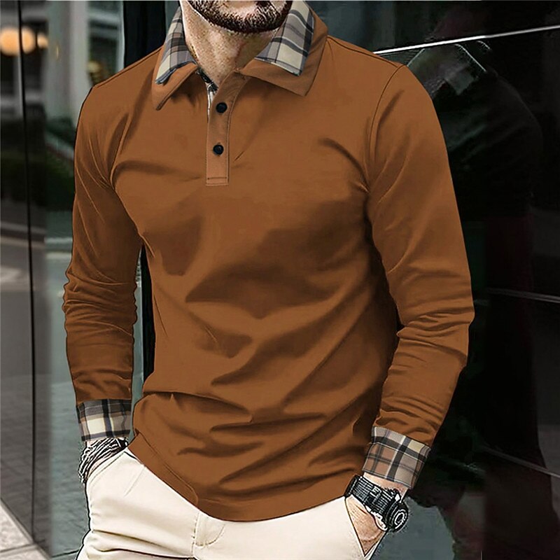 Men's Button Up Polos Polo Shirt Casual Sports Lapel Long Sleeve Fashion Basic Plaid Color Block Button Spring &  Fall Regular Fit Black Red Blue Brown Button Up Polos4
