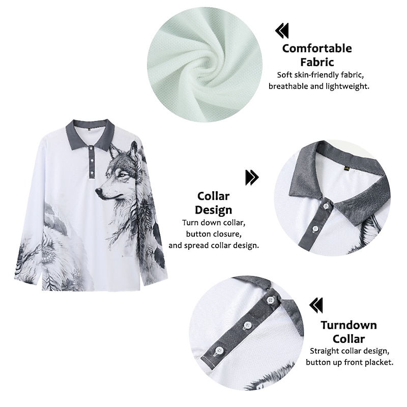 Men's Wolf Polo Shirts Golf Shirt Long Sleeve Polo Shirts Collared Shirts Casual Funny Streetwear Vacation Wear Party Outfits 3D Print Buttons Blue-Green Red Blue