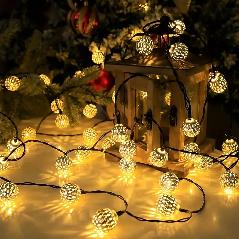 Solar Christmas Iron Ball Fairy String Lights 30/50/100LEDs Outdoor Waterproof Garden Lights New Year Xmas Wedding Party Garden Balcony Tree Hanging Lights Camping Landscape Lights3