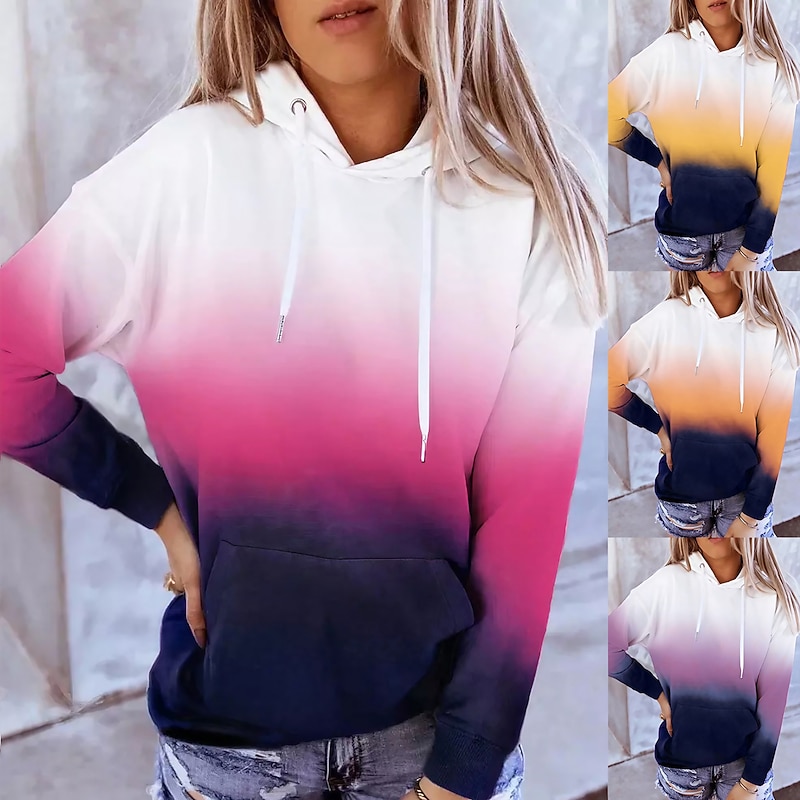 Women's Hoodie Sweatshirt Pullover Active Sportswear Color Block Casual Sports Hooded Drawstring Print Front Pocket Long Sleeve Yellow Red Purple Orange Fall & Winter