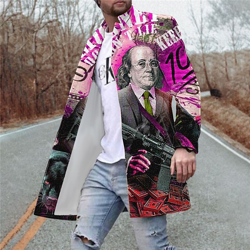 Men's Winter Coat Overcoat Coat Going out Weekend Print Fall & Winter Turndown Long Sleeve Yellow Red Purple3
