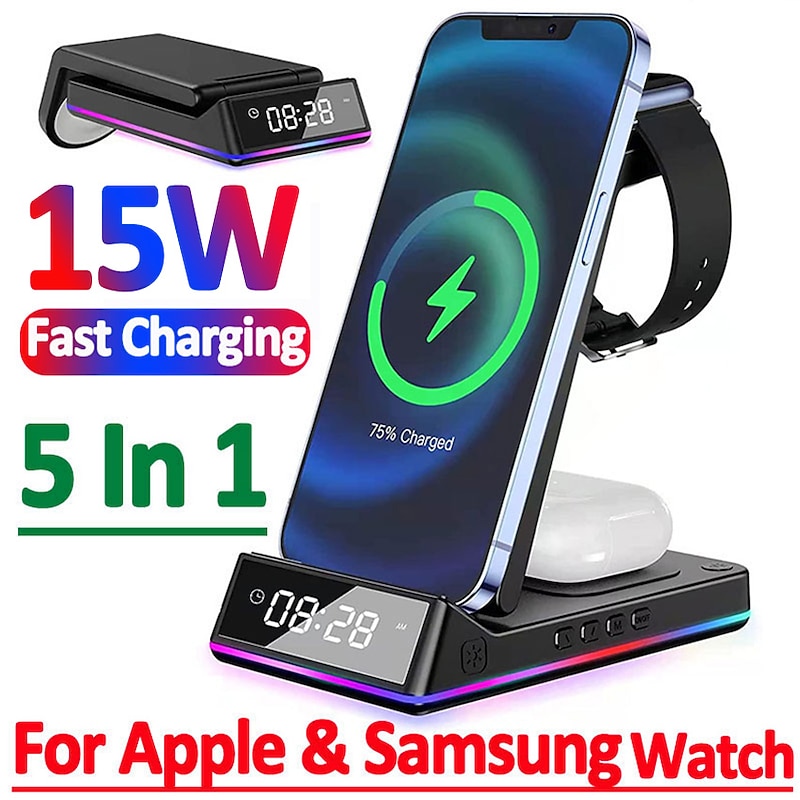 5 In 1 15W Foldable Wireless Charger Stand RGB Dock LED Clock Fast Charging Station for iPhone Samsung Galaxy Watch 5/4 S22 S21