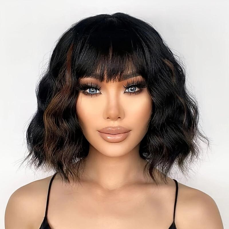 10 Inch Short Wavy Bob Wigs With Bangs For Women Black Mixed Brown Short Wavy Bob Curly Wigs Synthetic Natural Looking Heat Resistant Fiber Wigs3