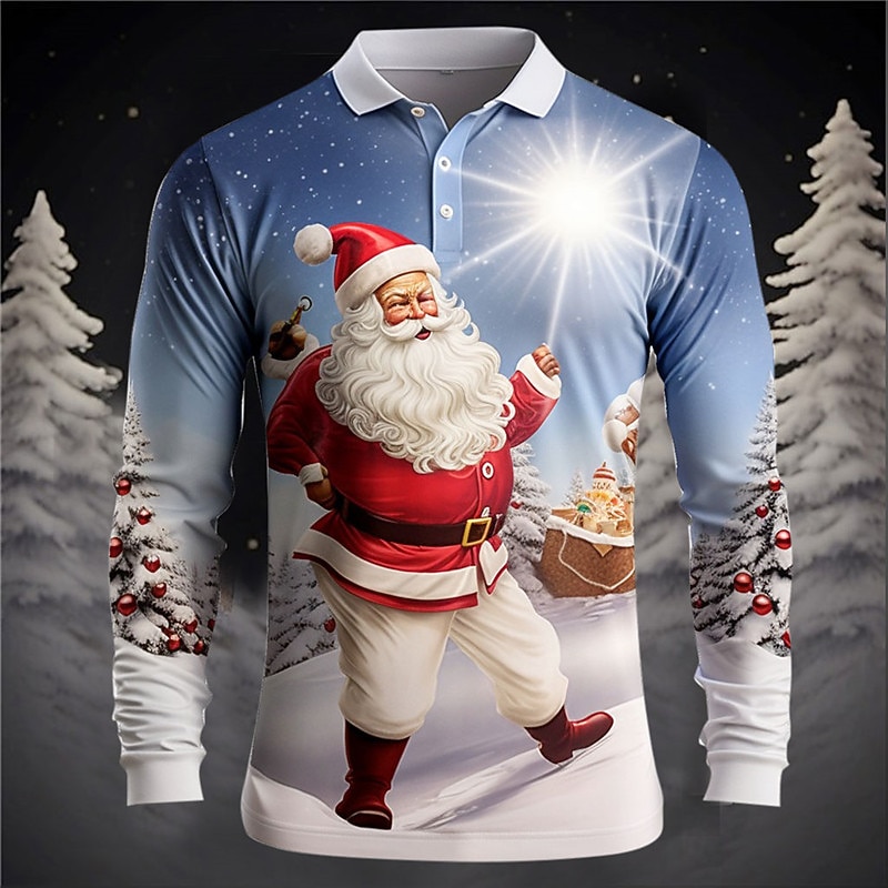 Christmas Men's Santa Claus 3D Polo Santa Claus Casual Print 3D Golf Outdoor Casual Daily Streetwear Polyester Long Sleeve Turndown Shirts Blue Sky Blue Fall & Winter S M L Micro-elastic Lapel Polo3