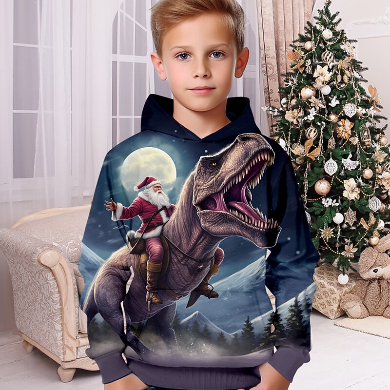Boys 3D Santa Claus Dinosaur Hoodie Pullover Long Sleeve 3D Print Fall Winter Fashion Streetwear Cool Polyester Kids 3-12 Years Outdoor Casual Daily Regular Fit2
