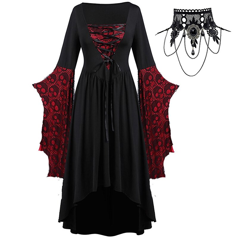 Sets with Medieval Dress with Bell Sleeves Lace Tattoo Choker Necklace 2 PCS Retro Vintage Punk Goth Style Witches Outfits Women's Cosplay Costume Carnival Party Casual Daily2