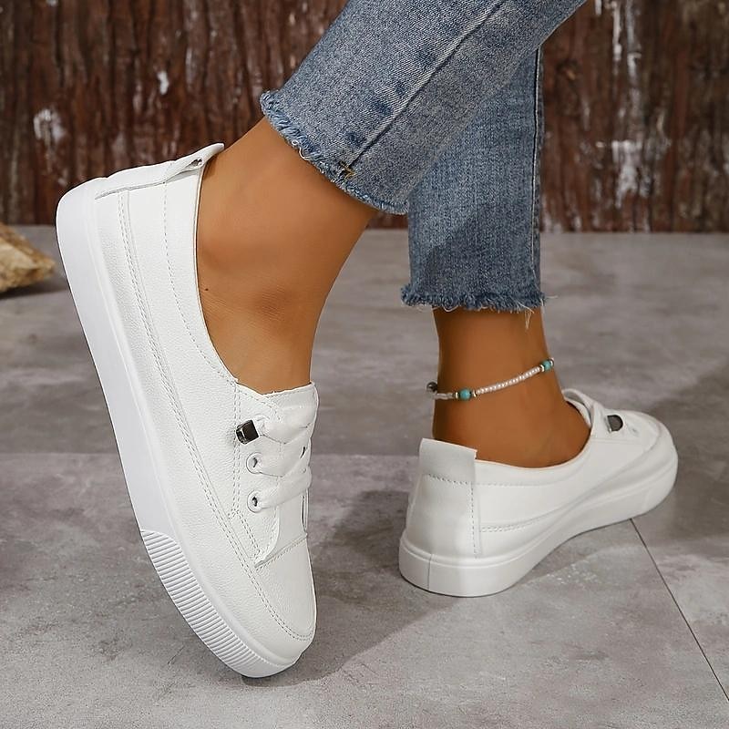 Women's White Casual Sneakers – Lace-Up Low-Top Canvas Shoes for Walking & Everyday Wear3