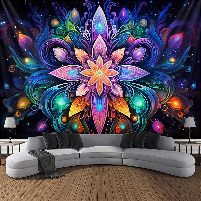 Blacklight Tapestry UV Reactive Glow in the Dark Glow Party Neon Mandala Bohemian Trippy Misty Hanging Tapestry Wall Art Mural for Living Room Bedroom2