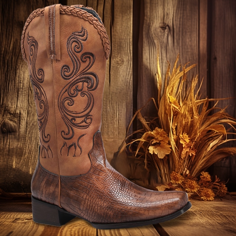 Men's Western Cowboy Boots – Brown Faux Leather with Embroidered Patterns and Crocodile Texture for Vintage Style 7