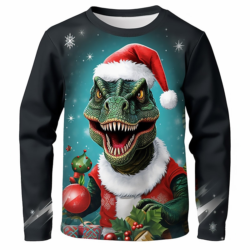 Christmas Boys 3D Dinosaur Tee Shirt Long Sleeve 3D Print Fall Winter Sports Fashion Streetwear Polyester Kids 3-12 Years Crew Neck Outdoor Casual Daily Regular Fit