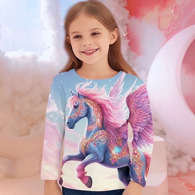Girls' 3D Unicorn Tee Shirts Long Sleeve 3D Print Fall Winter Active Fashion Cute Kids 3-12 Years Crew Neck Outdoor Casual Daily Regular Fit4