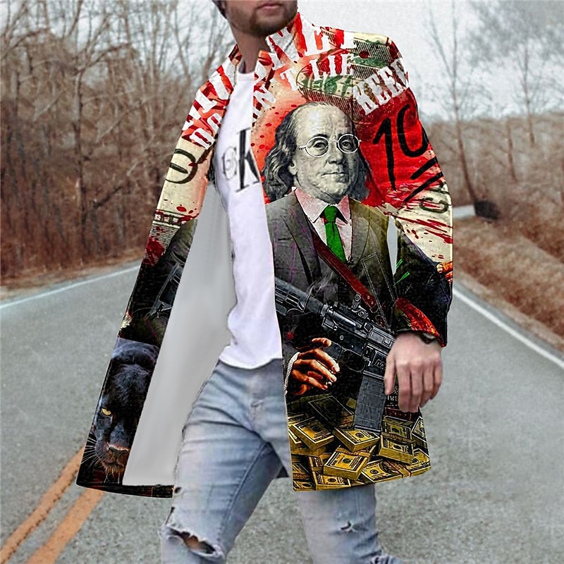 Men's Winter Coat Overcoat Coat Going out Weekend Print Fall & Winter Turndown Long Sleeve Yellow Red Purple