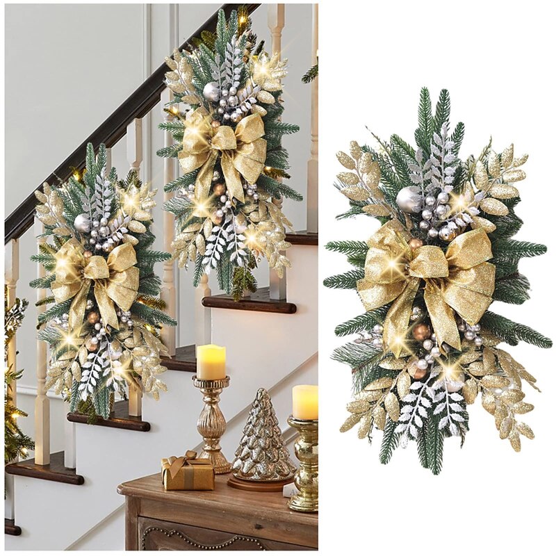 Christmas Swags Christmas Wreaths for Front Door, Prelit Xmas Stairway Swag Christmas Decorations, Artificial Winter Garland with Bow, Balls, Stair Railing Wall Window Xmas Decor3