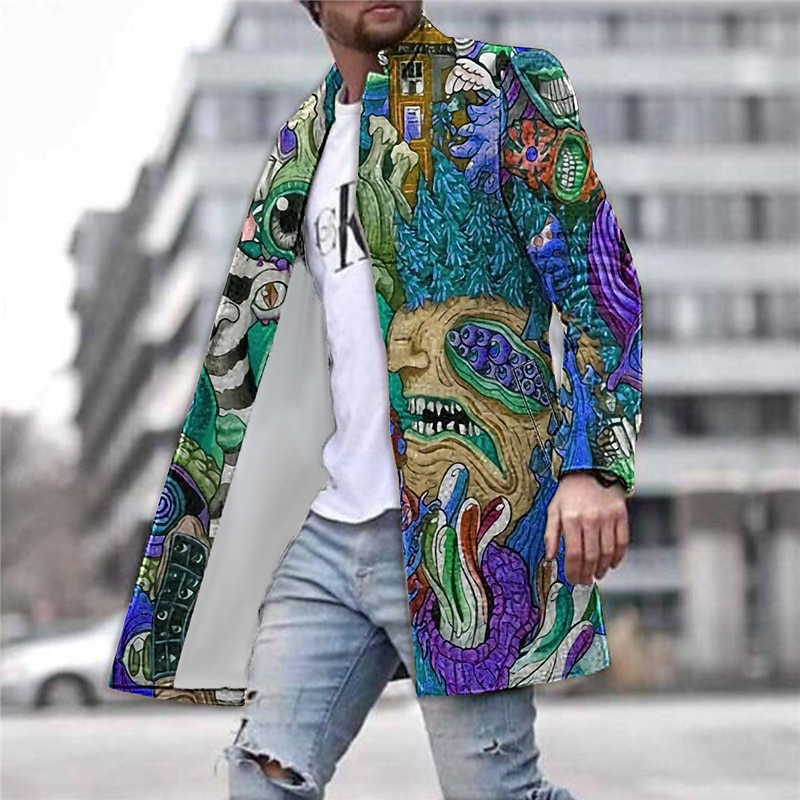 Men's Winter Coat Overcoat Coat Work Wear to work Warm Breathable Pocket Print Fall & Winter Abstract Graphic Prints Fashion Streetwear Turndown Long Regular Fit Yellow Blue Green Jacket2