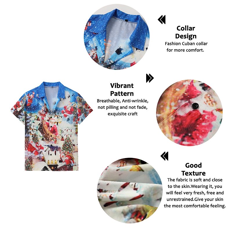 Men's Santa Claus Shirt Short Sleeve Shirt Turndown Christmas Street 3D Print Black Black / Red Red Blue Blue+Blue Print Button-Down Clothing Apparel Fashion Designer Casual Breathable2
