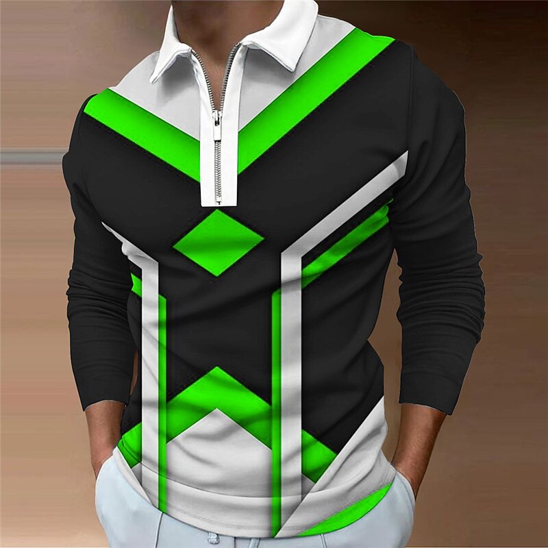 Men's Geometric Zip Polo Shirts Golf Shirt Long Sleeve Polo Shirts Collared Shirts Casual Vacation Wear Formal Wear Festival Wear 3D Print Quarter Zip Polo Fall & Winter Red Green2