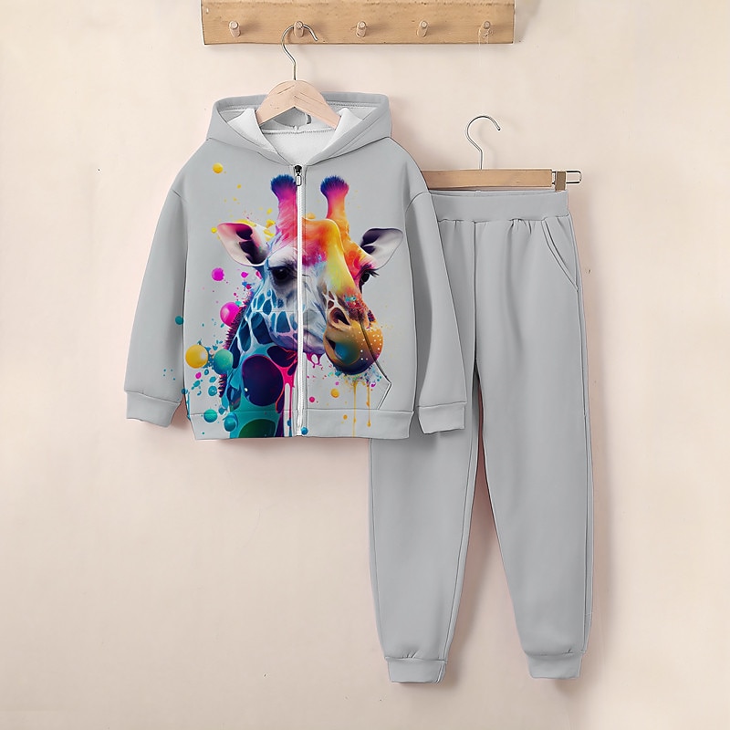 Girls' 3D Giraffe Hoodie & Sweatpants Set Long Sleeve 3D Printing Fall Winter Active Fashion Cute Kids 3-12 Years Zip Hooded Outdoor Street Regular Fit4
