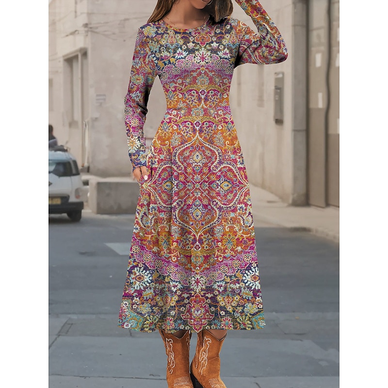 Women's Midi Dress Casual Dress Winter Dress Ethnic Dress Swing Dress Vintage Ethnic Tribal Formal Outdoor Vacation Regular Fit Floral Geometric Color Block Long Sleeve Crew Neck Pink Brown Khaki2