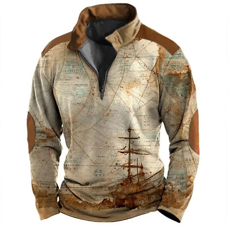 Men's Map Zip Polo Long Sleeve Polo Shirts Zip Vintage Outdoor Casual Daily Streetwear 3D Print Fall & Winter Purple Brown Green