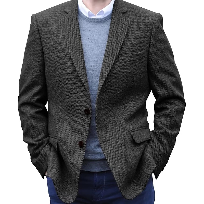 Men's Tweed Blazer Notch Collar Retro Vintage Herringbone Blazer Black khaki Dark Blue Plus Size Single Breasted Two-buttons2