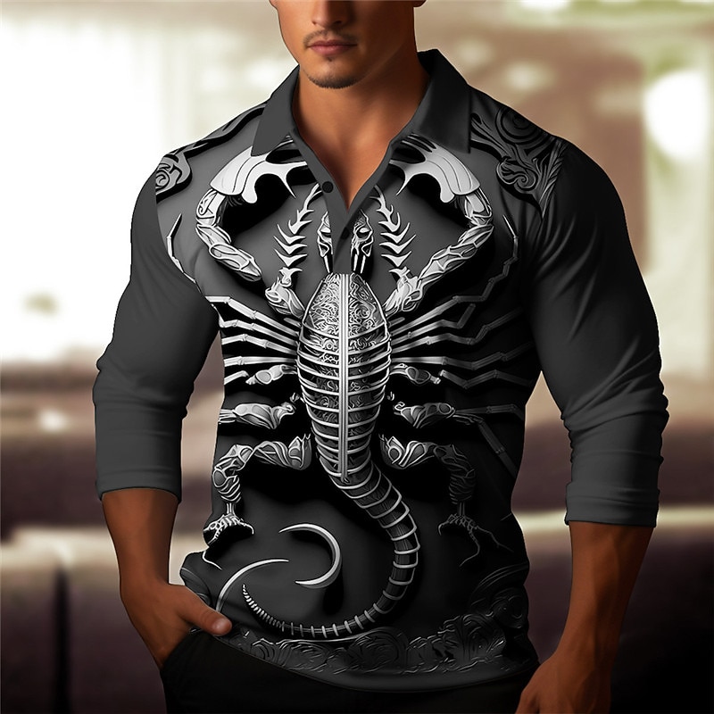 Men's Scorpion Polo Shirts Golf Shirt Long Sleeve Polo Shirts Collared Shirts Casual Funny Vacation Wear Party Outfits 3D Print Buttons Fall & Winter Silver Gold2