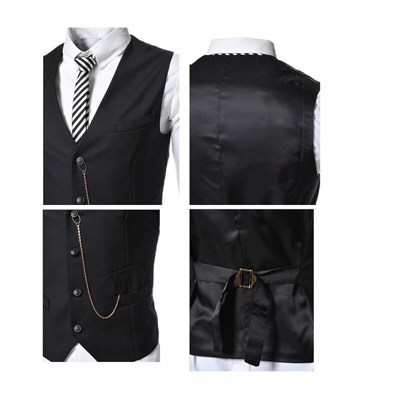 Men's Vest Suit Vest Gilet Wedding Business Causal Casual 1920s Smart Casual Polyester Solid Colored Single Breasted Shirt Collar Slim Black Red Light Grey Vest4