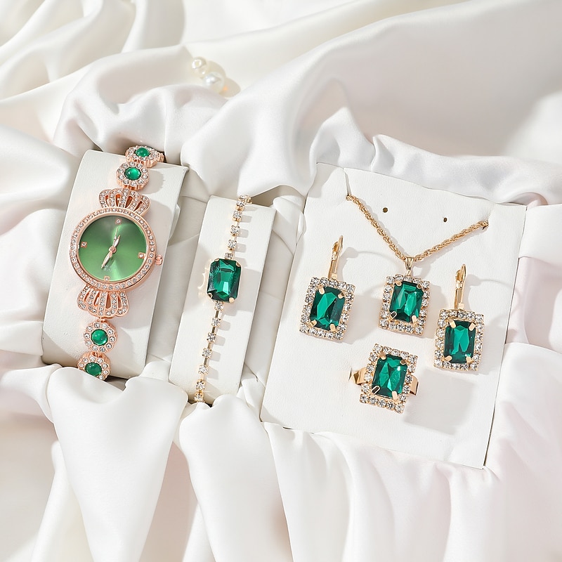 Shining Ladies Watches Gifts Set with Diamond Decorated Bracelet Necklace Ring Earrings Luxury Fashion Jewellery Green Jade Quartz Wrist Womens Watch Rose Gold 5Pcs/Set2
