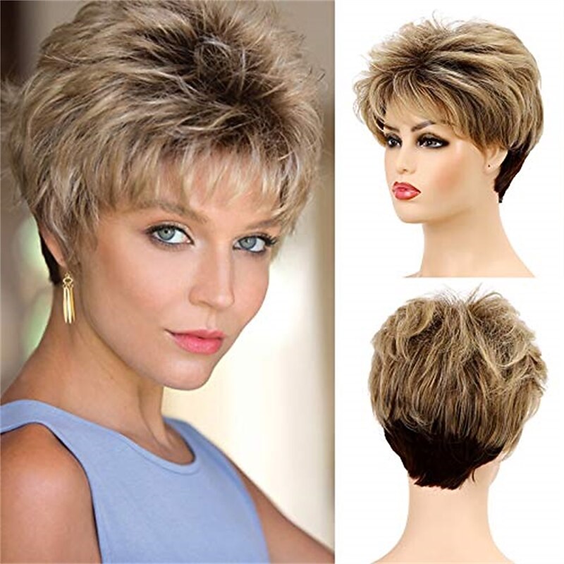 Baruisi Short Pixie Wigs for Women Mixed Blonde Synthetic Layered Cosplay Hair Wig