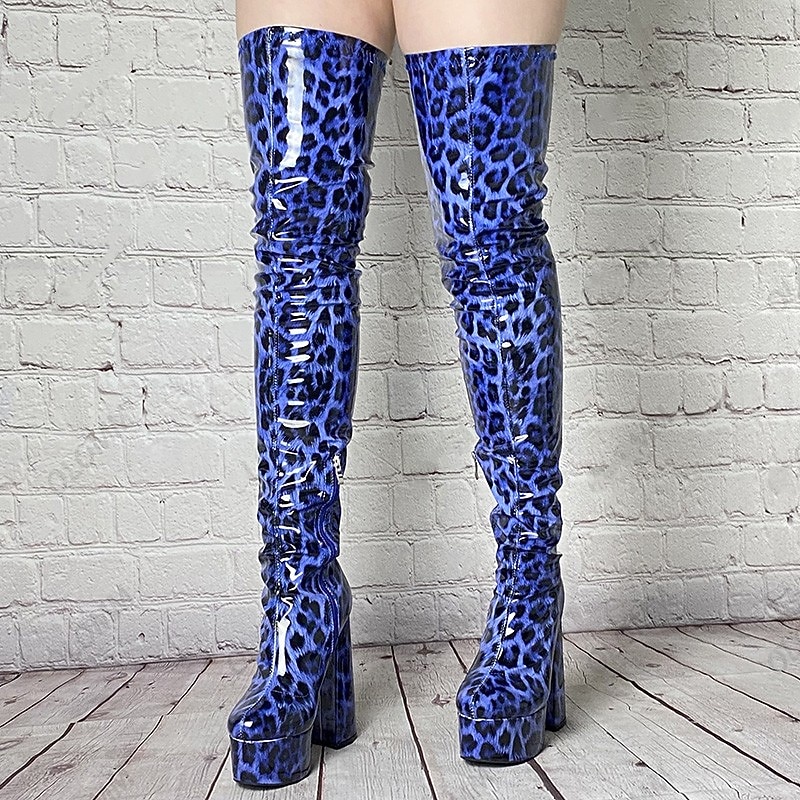 Women's Sexy Blue Leopard Print Thigh-High Platform Boots with Chunky Heels – Bold Statement Footwear for Parties, Events, and Night Out3