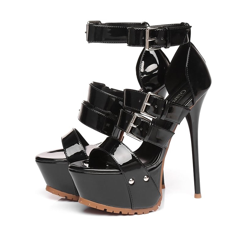 Women's Black Patent Leather Platform Stiletto Heels – Sexy High Heel Sandals with Adjustable Buckle Straps for Parties and Special Occasions4