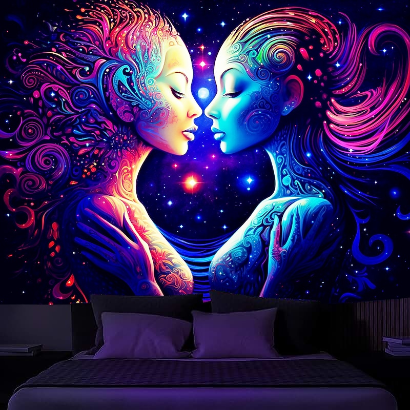 Blacklight Tapestry UV Reactive Glow in the Dark Glow Party Neon Trippy Misty Duel Women Hanging Tapestry Wall Art Mural for Living Room Bedroom