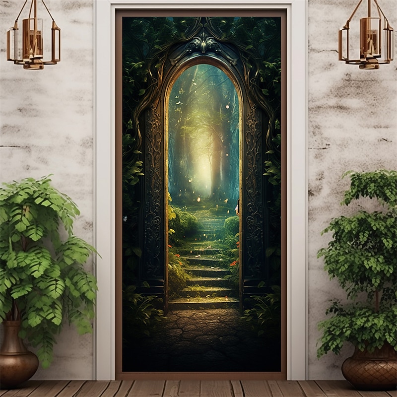 Stair to Forest Door Covers Door Tapesty Door Curtain Decoration Backdrop Door Banner for Front Door Farmhouse Holiday Party Decor Supplies